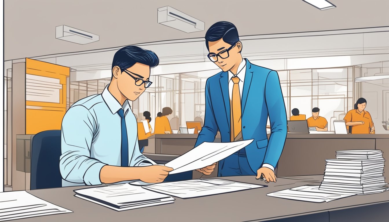 A work permit holder in Singapore applies for a POSB personal loan at a bank branch, filling out forms and discussing terms with a bank officer