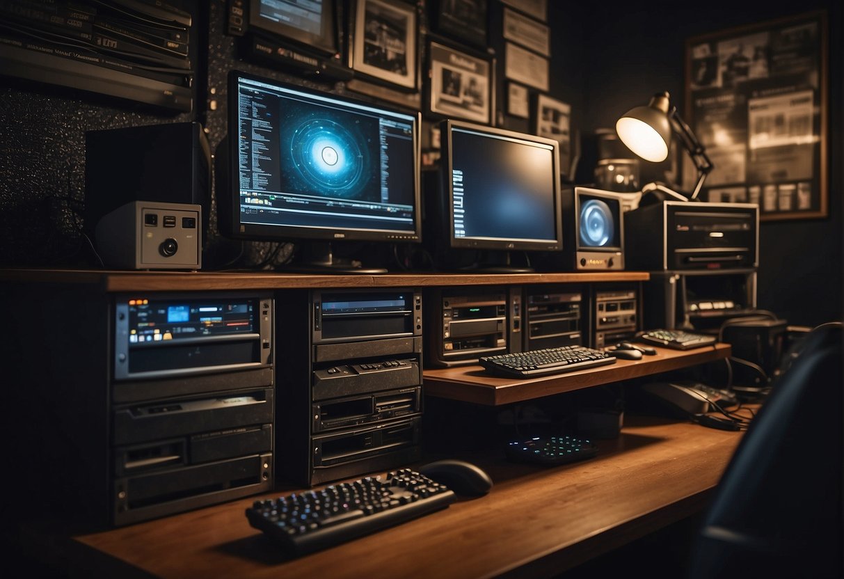A cluttered desk with a computer and monitor, surrounded by stacks of hard drives, cables, and editing software. Dim lighting and posters of classic films adorn the walls