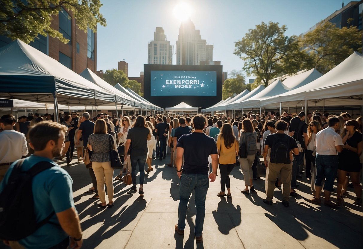 A bustling film festival with indie filmmakers showcasing their work among the stars. Pop-up distribution spaces offer budget-friendly opportunities for networking and promotion