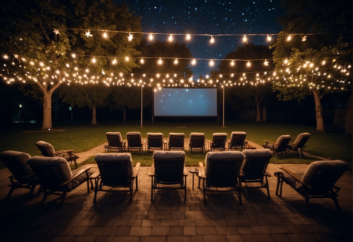 An outdoor movie screening under the twinkling stars, surrounded by cozy seating and twinkling lights, creating a warm and inviting atmosphere for indie film lovers