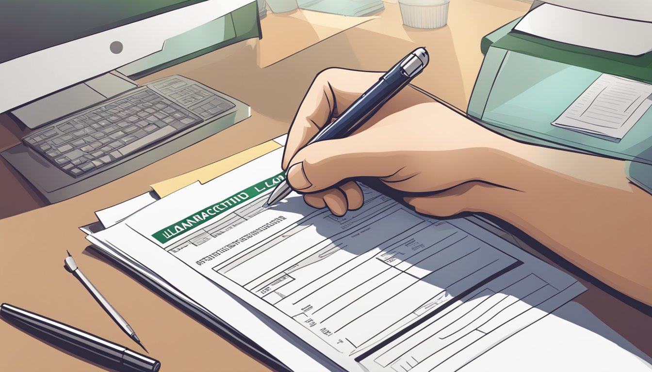 A person filling out a loan application form on a desk with a pen and documents