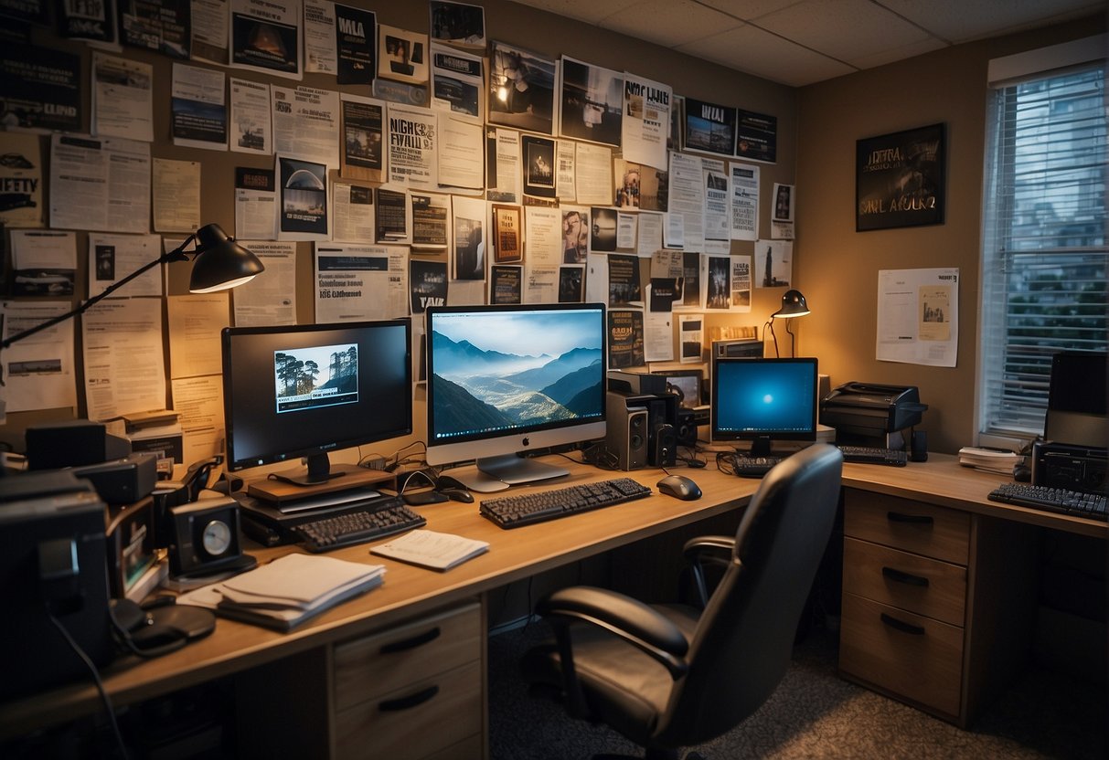 A small, cluttered office with a desk covered in papers, a computer, and a phone. Posters of indie films line the walls. A shelf holds filmmaking books and equipment