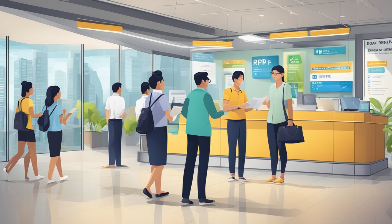 A work permit holder in Singapore visits a POSB branch to inquire about personal loan options, surrounded by FAQ signs and bank staff