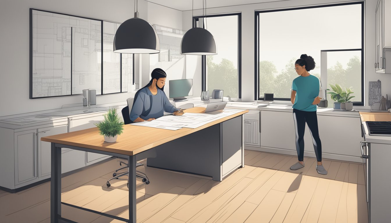 A homeowner sits at a desk, reviewing paperwork for a POSB renovation loan. A floor plan and renovation designs lay spread out in front of them