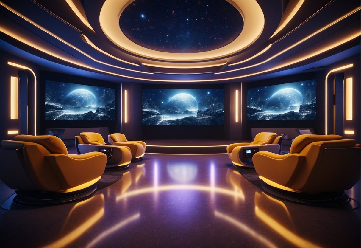 A futuristic 3D cinema with advanced technology, inspired by Avatar. High-tech projectors and immersive sound systems create an unparalleled movie experience