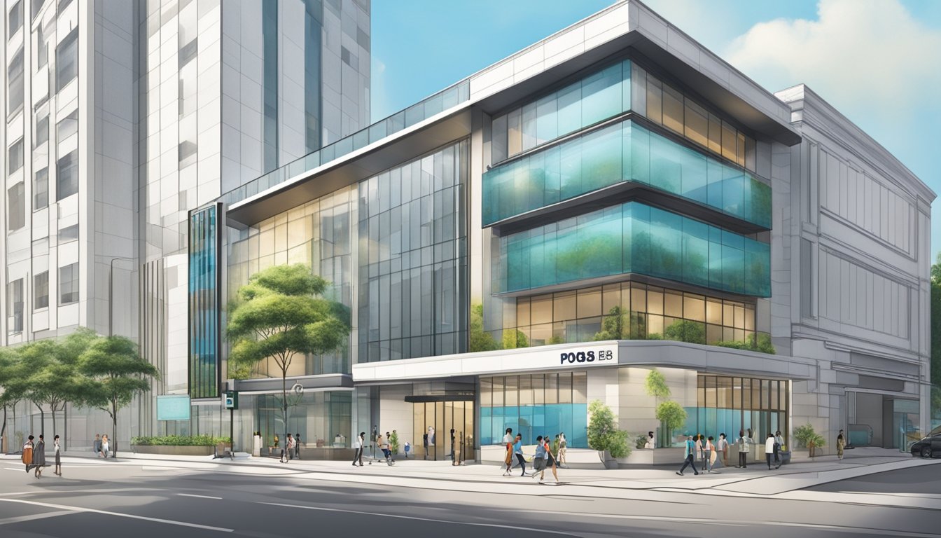 A modern, sleek bank building stands out among others, with a prominent sign advertising "POSB Renovation Loan Singapore." The exterior is clean and inviting, with large windows and a professional, welcoming atmosphere