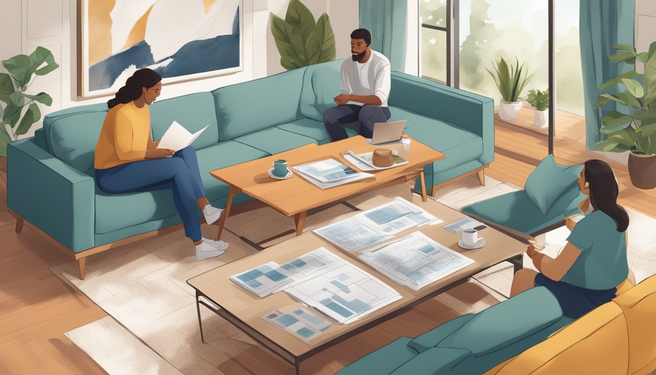 A couple discussing renovation plans in a cozy living room, with blueprints and design samples spread out on a coffee table