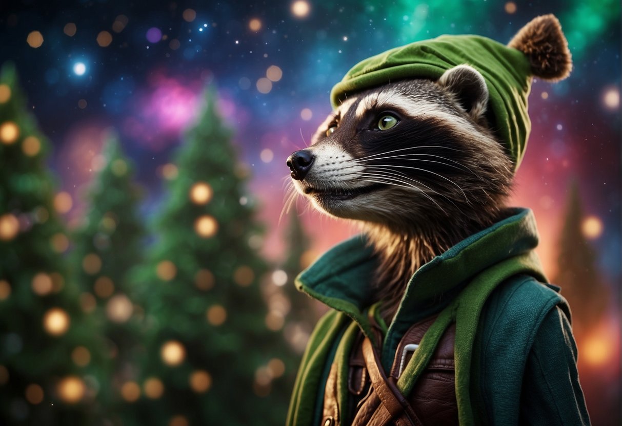 Guardians of the Galaxy - A spaceship hurtles through a colorful, star-studded galaxy. A raccoon-like creature and a tree-like being banter as they pilot the ship, while a green-skinned woman and a humanoid with red skin stand ready for action