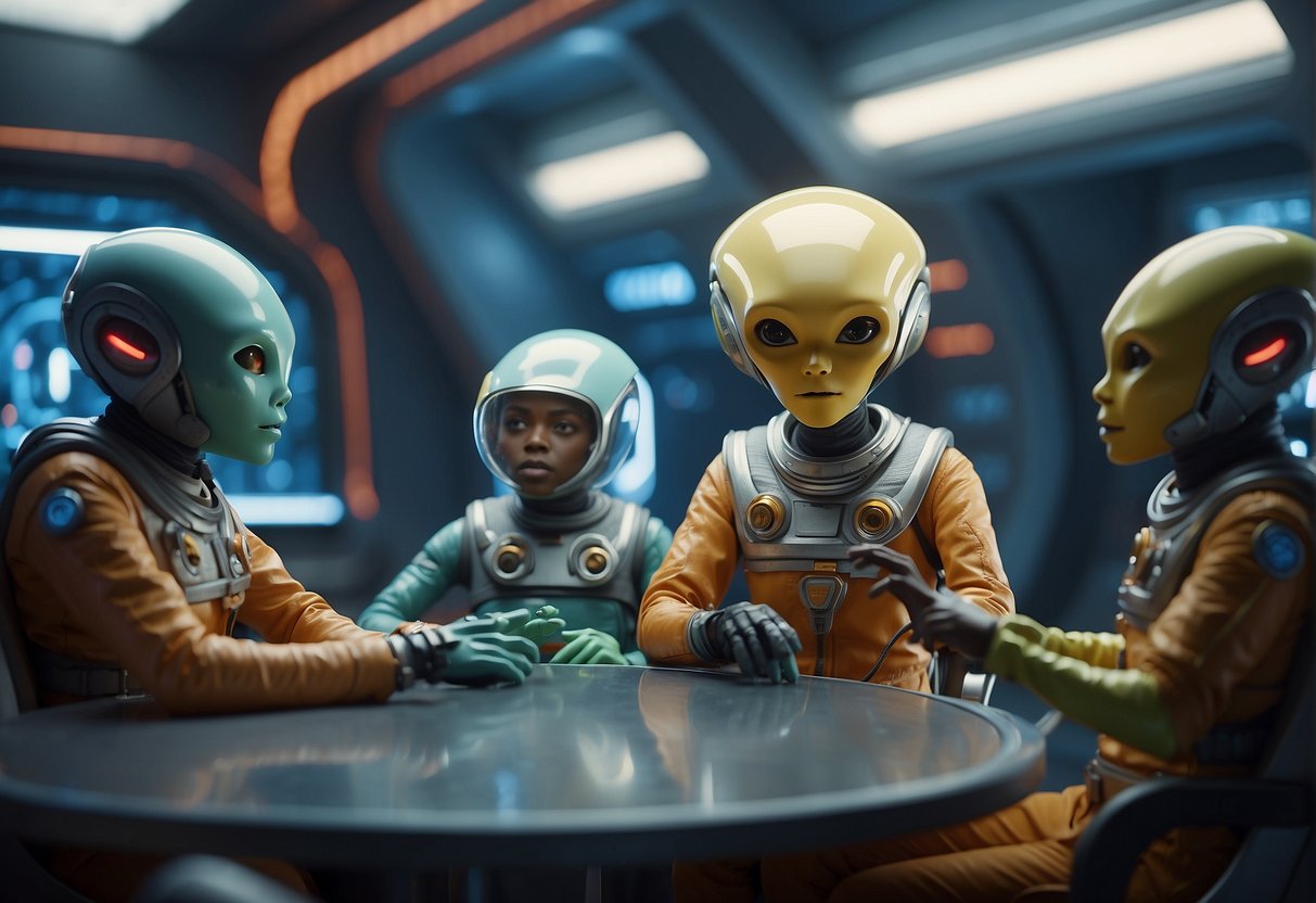 A group of diverse alien characters engage in witty banter while exploring a futuristic space station, surrounded by advanced technology and colorful cosmic landscapes