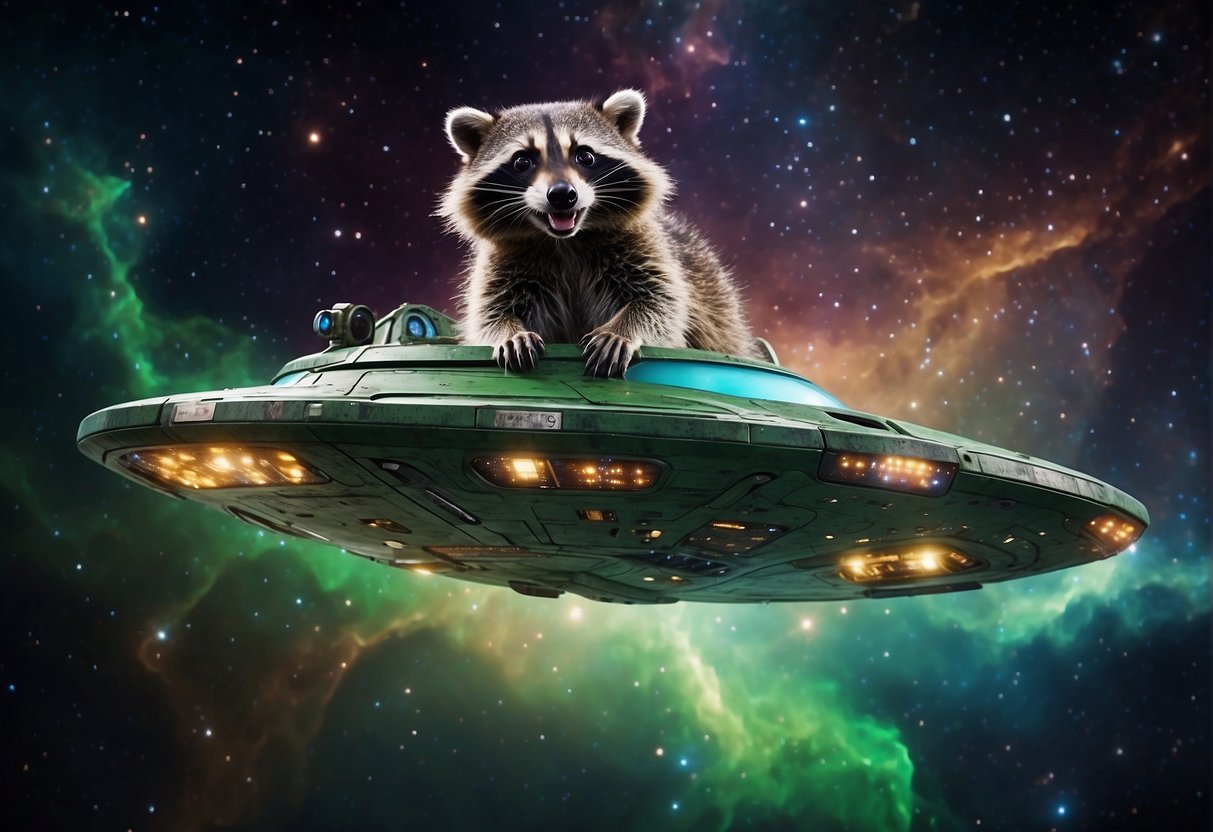 The spaceship zooms through a colorful nebula, surrounded by twinkling stars and celestial bodies. A raccoon-like creature tinkers with advanced technology, while a green-skinned alien with glowing eyes looks on with amusement