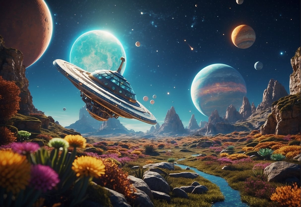 A spaceship hovers above a colorful alien planet, while a group of quirky creatures engage in a lively discussion about space science and future adventures
