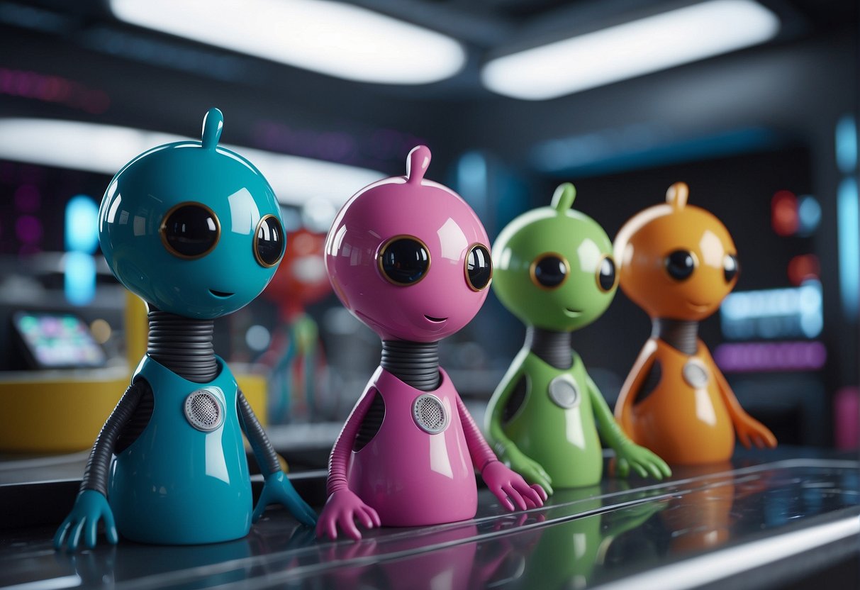 The scene shows a group of colorful alien creatures in a futuristic space setting, laughing and engaging in scientific activities. The atmosphere is light-hearted and humorous, with a mix of advanced technology and whimsical elements
