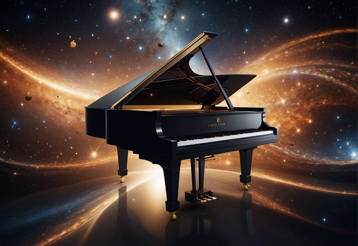 The Sound of Space - A grand piano floats in the vacuum of space, surrounded by swirling galaxies and shimmering stars. Music notes and sound waves emanate from the piano, creating a celestial symphony that resonates throughout the cosmos