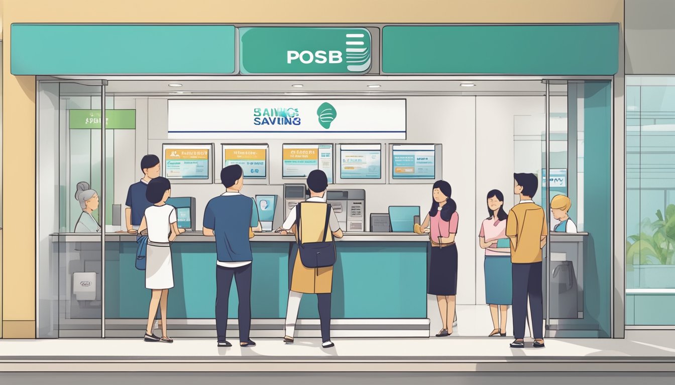 A bright and welcoming bank branch in Singapore, with a prominent sign displaying "POSB Savings Account Minimum Age" and a queue of customers at the counter