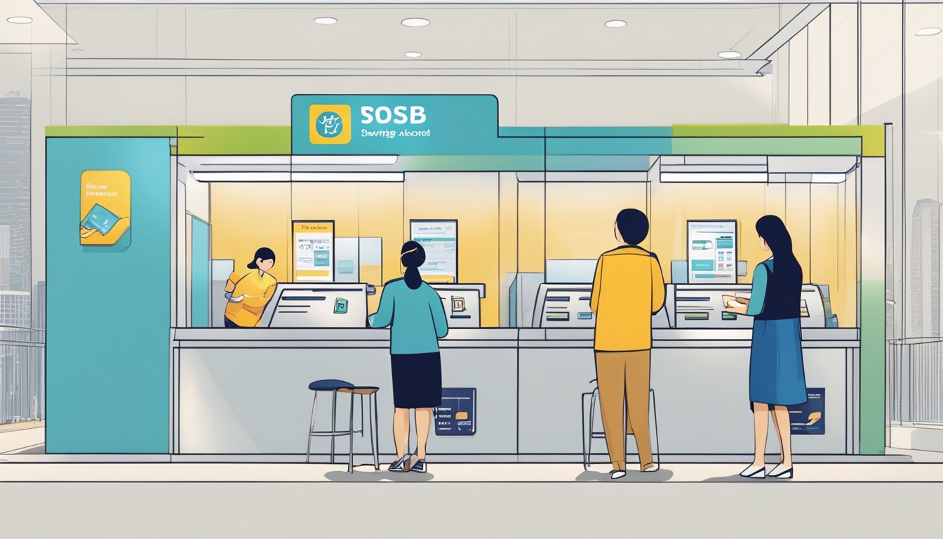 A person opening a POSB savings account at a Singaporean bank, with a teller guiding them through the process