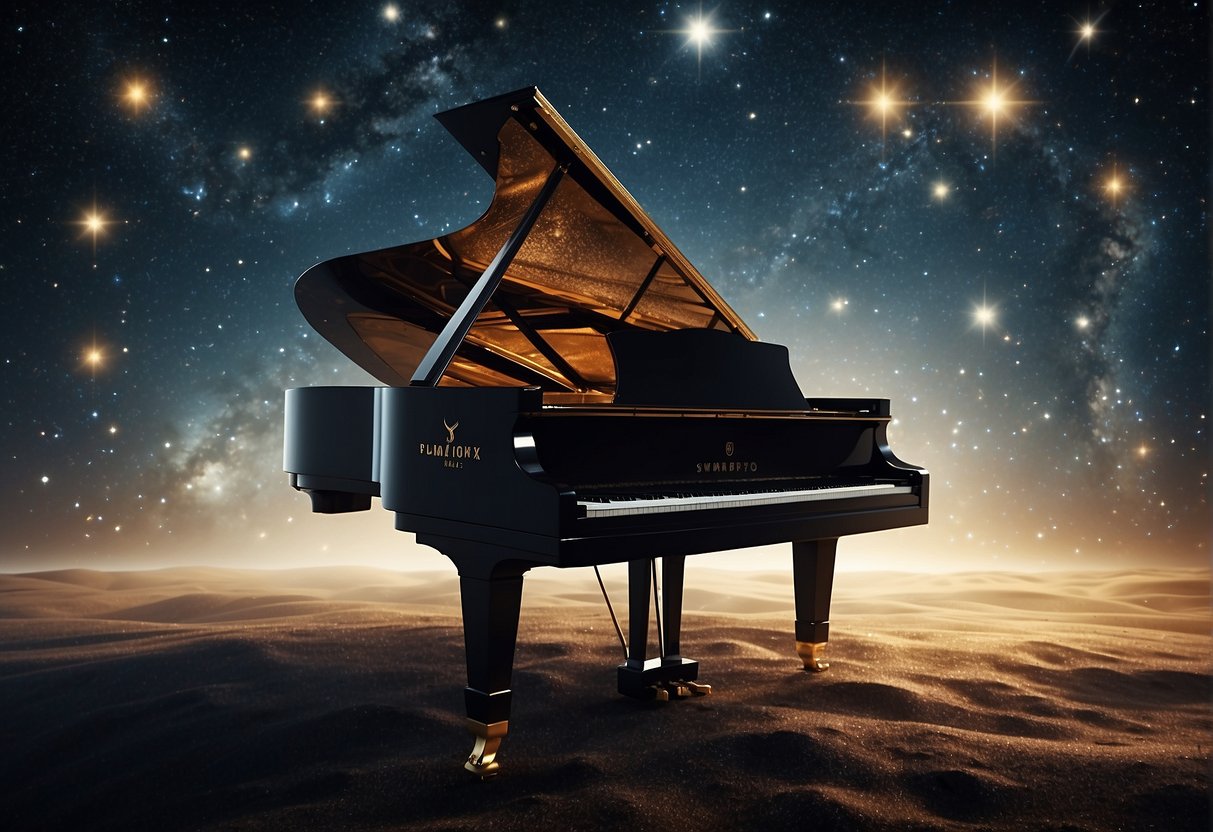 A grand piano floats in the vastness of space, surrounded by swirling galaxies and sparkling stars. Music notes and cosmic dust dance around the instrument, creating a celestial symphony