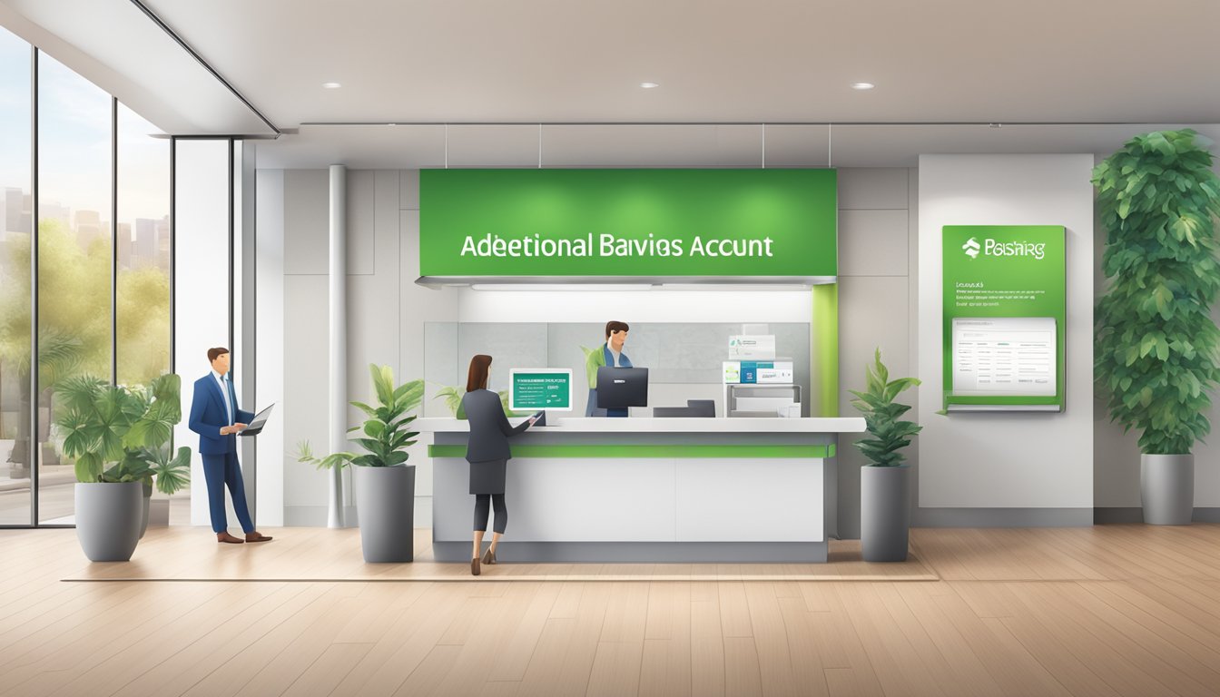 A vibrant, modern bank branch with a sign displaying "Additional Benefits and Features POSB Savings Account" above a sleek, customer-friendly counter
