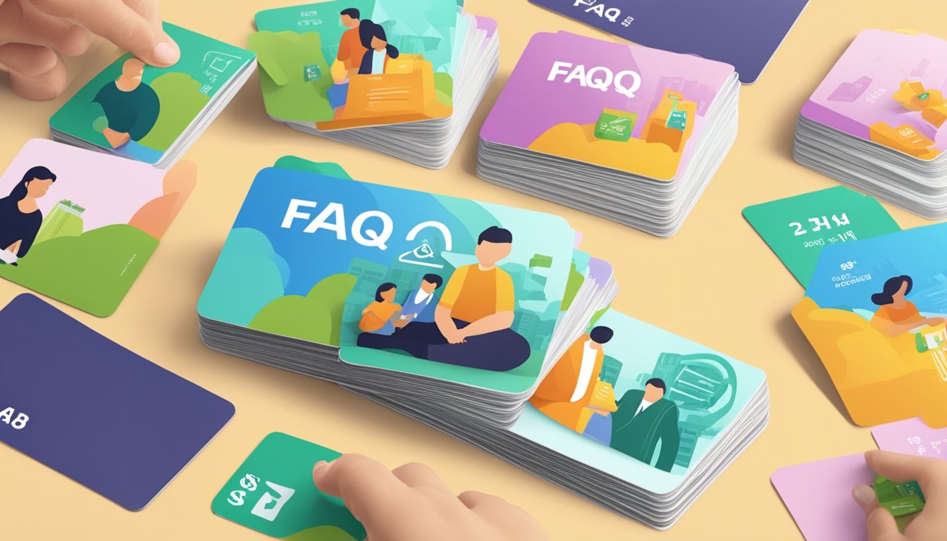A stack of FAQ cards with "POSB Savings Account Minimum Age Singapore" printed on them, surrounded by a diverse group of people