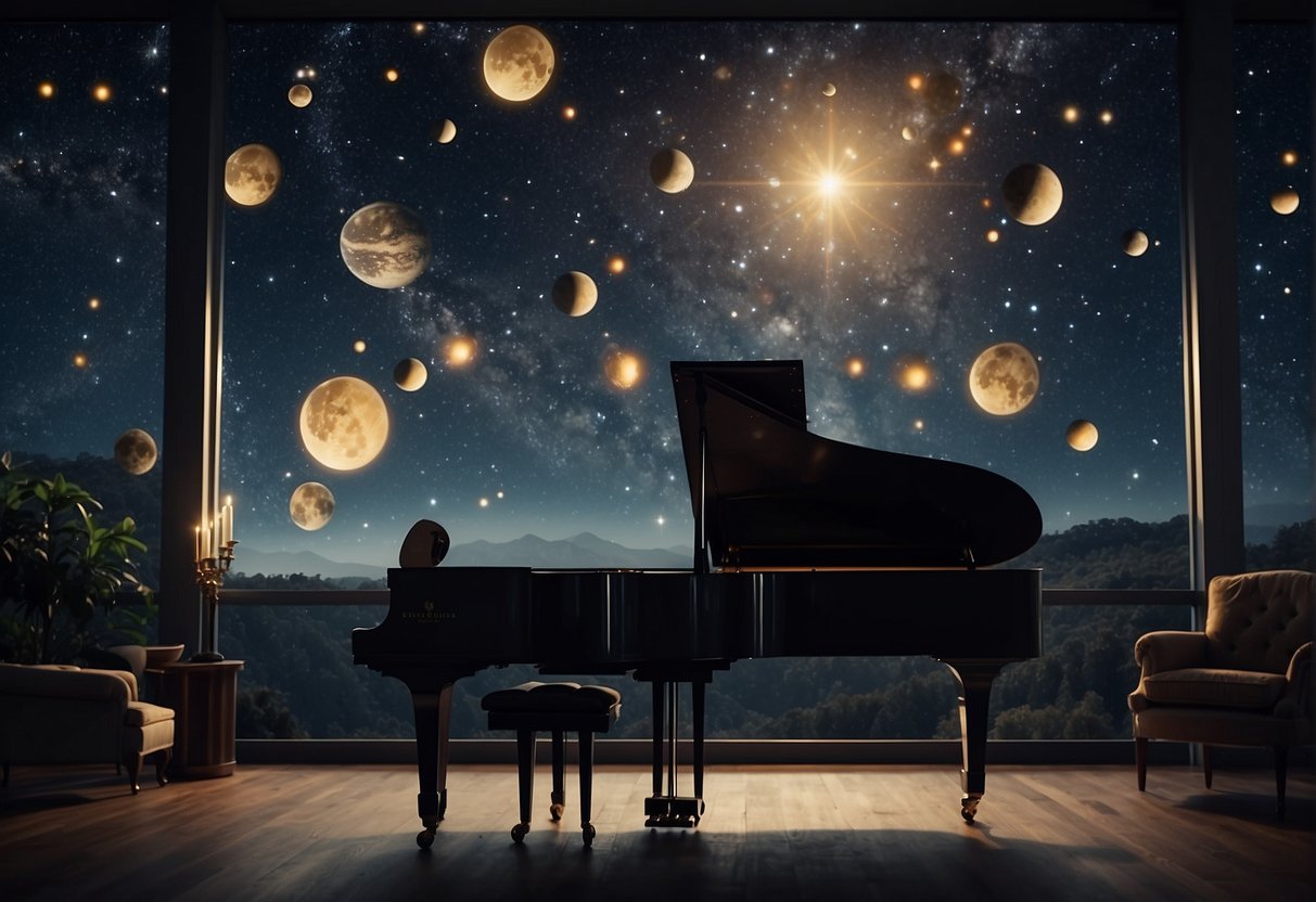 In a dimly lit room, a composer sits at a grand piano, surrounded by celestial images and a telescope. Notes and musical staffs float around, merging with the stars