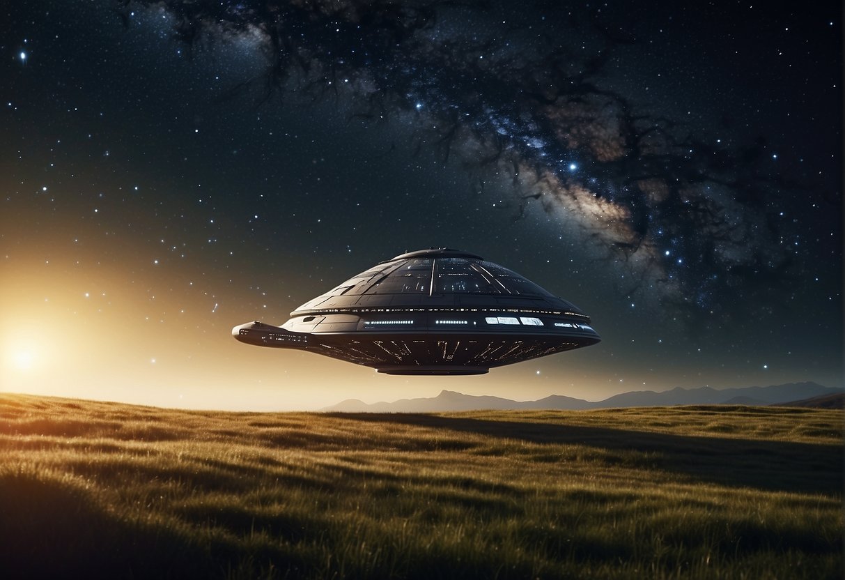 Space Travel Tropes - A spaceship glides through a field of stars, its sleek design reflecting the light of distant galaxies. The vastness of space stretches out before it, a silent and awe-inspiring expanse