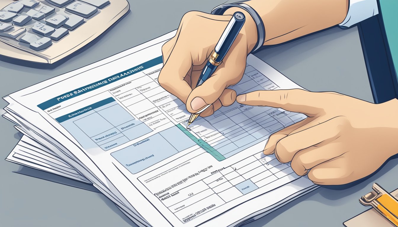 A hand reaching for a POSB savings account application form with a pen ready to fill in personal details. Minimum balance sign displayed prominently