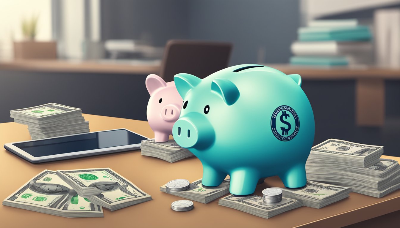 A piggy bank with the POSB logo sits on a desk, surrounded by coins and dollar bills. The account passbook is open, showing the balance increasing