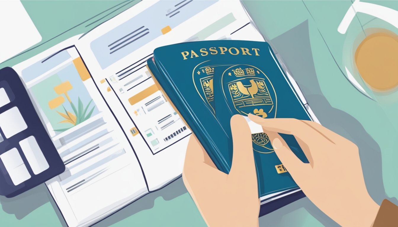 A person holding a Singaporean passport and filling out an account opening form at a POSB branch in Singapore