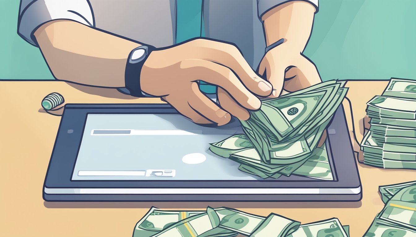 A hand places money into a POSB SAYE account in Singapore. The account is managed with a computer or mobile device