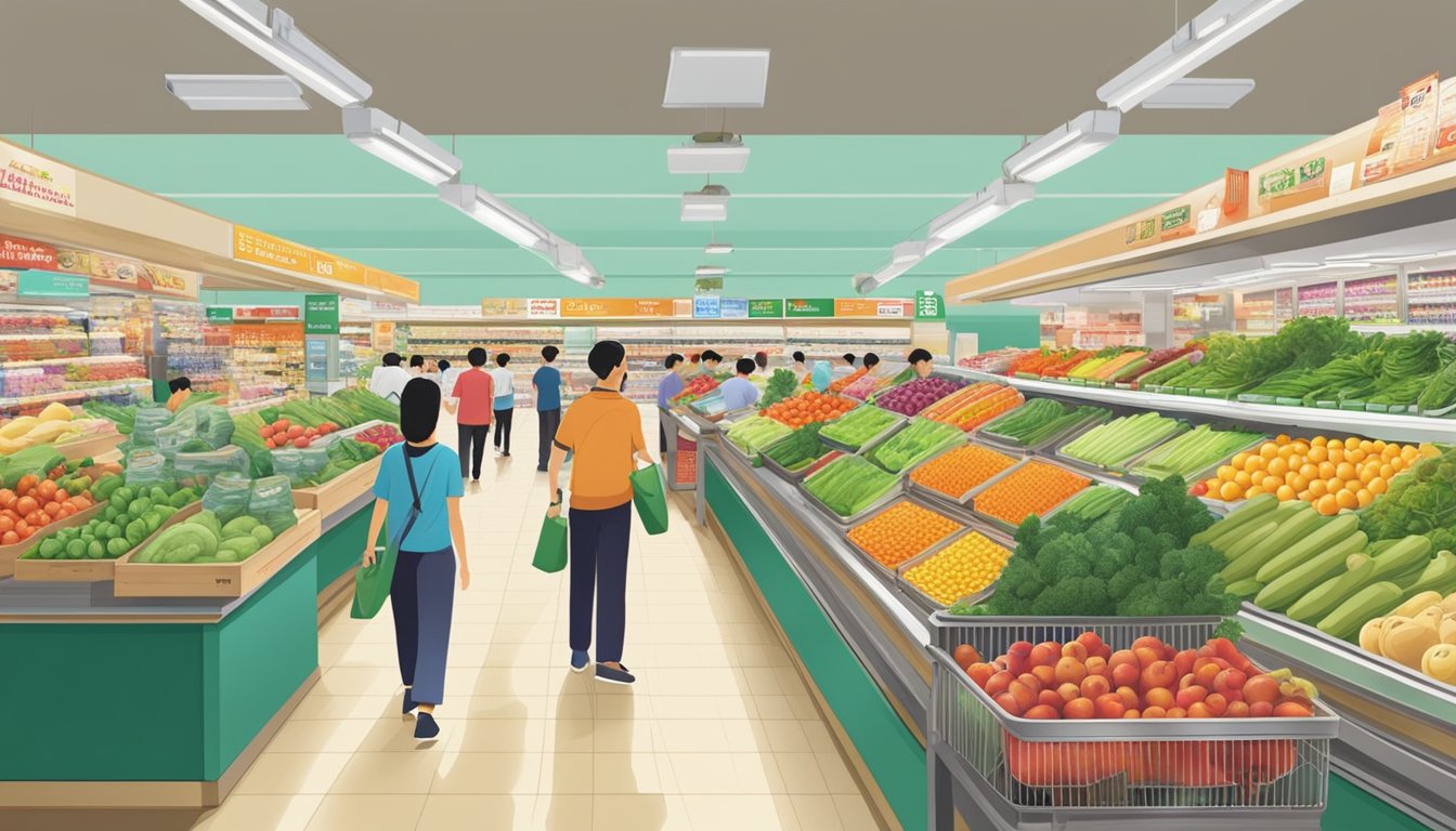 A bustling Sheng Siong supermarket in Singapore, with colorful displays of fresh produce, aisles of packaged goods, and busy checkout counters