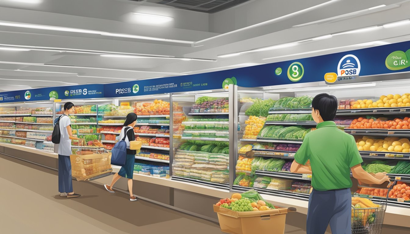 A POSB and Sheng Siong partnership logo displayed prominently in a bustling Singapore supermarket