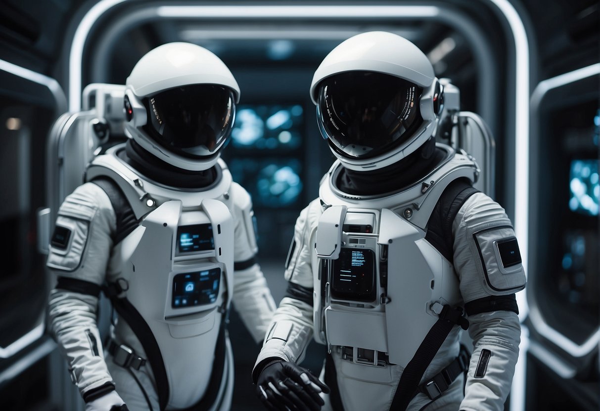 Virtual Reality and Space Exploration - Astronauts in VR suits navigate a futuristic space station, surrounded by holographic displays and advanced technology