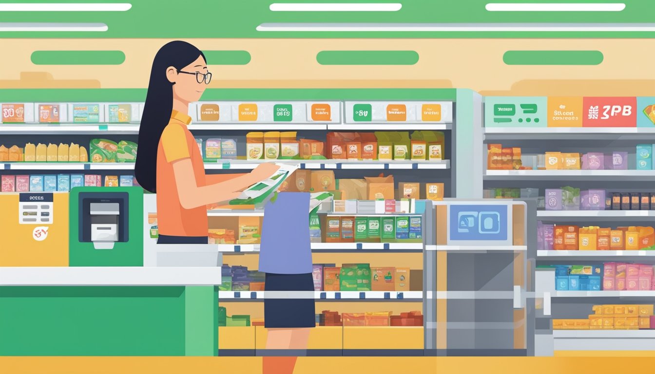 A customer swiping a POSB card at a Sheng Siong supermarket checkout, with a prominent sign displaying "Maximising Savings with POSB" in Singapore