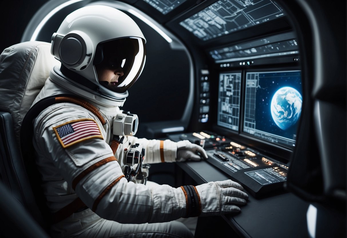 Astronaut in VR headset, simulating zero gravity and controlling spacecraft. Sci-fi tech monitors vital signs and simulates space environment
