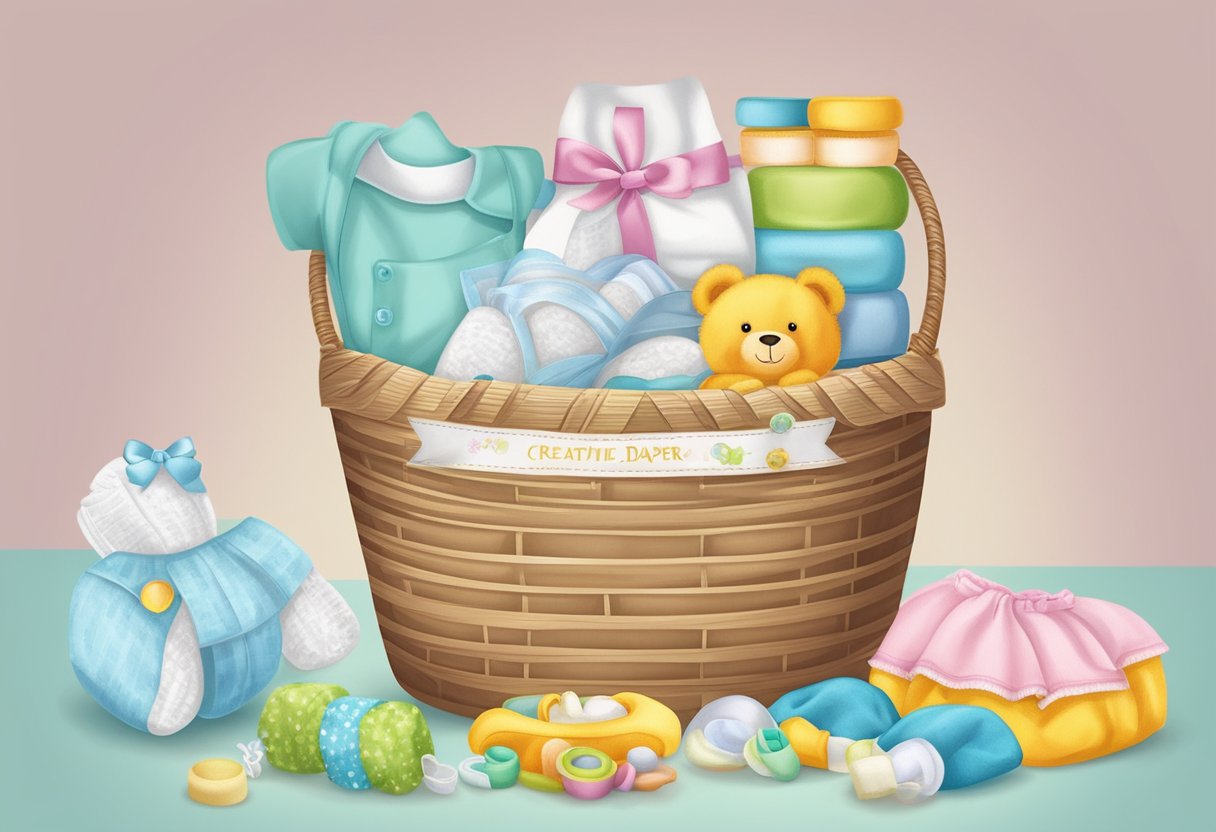Colorful diapers arranged in a decorative basket with baby toys and accessories. A ribbon tied around the basket with a tag that reads "Creative Diaper Gift Ideas."