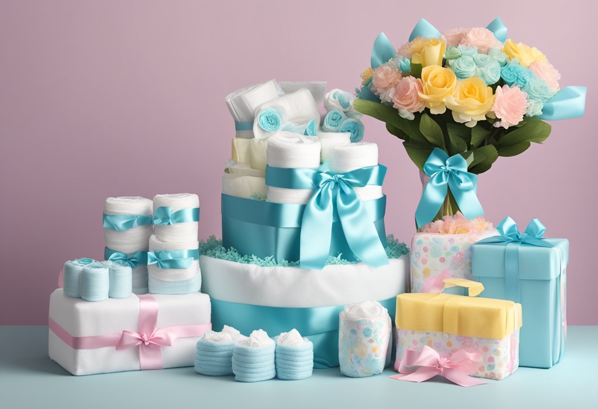 A table with various diaper gift items like personalized diapers, diaper cakes, and diaper bouquets arranged creatively