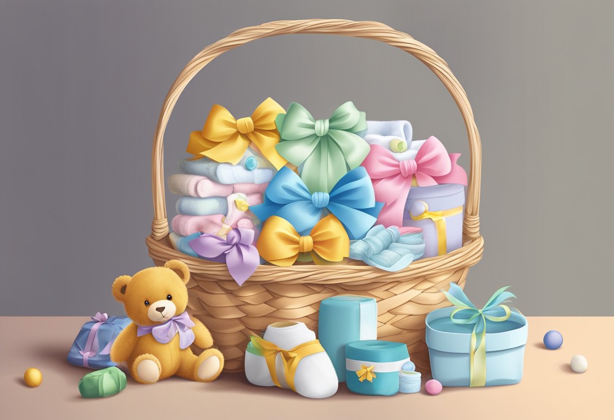A colorful stack of diapers arranged in a decorative gift basket, adorned with ribbons and bows, surrounded by baby-themed toys and accessories
