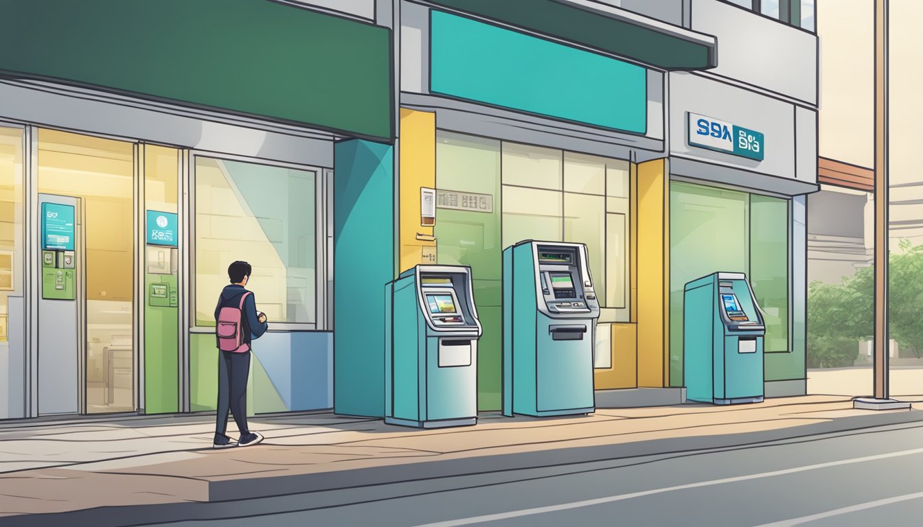 A person is using an ATM outside a Sheng Siong supermarket, with a POSB bank branch in the background
