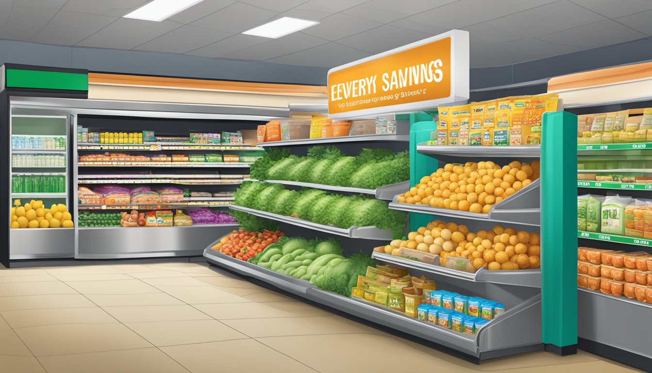 A grocery store display with "Everyday Savings on Essentials" signage at POSB Sheng Siong, Singapore