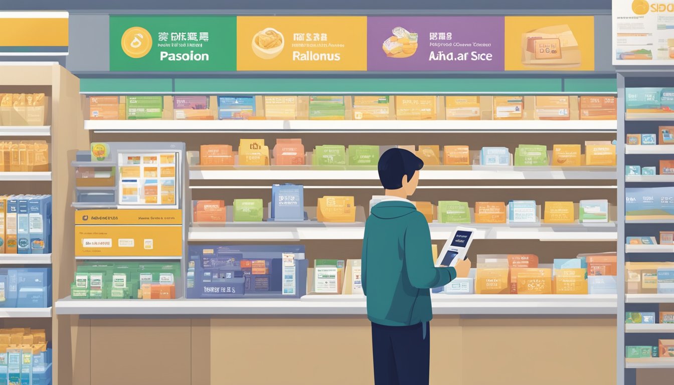 A customer reading POSB's Terms and Services at a Sheng Siong store in Singapore. The customer is holding a POSB passbook and looking at the terms and services on a digital screen