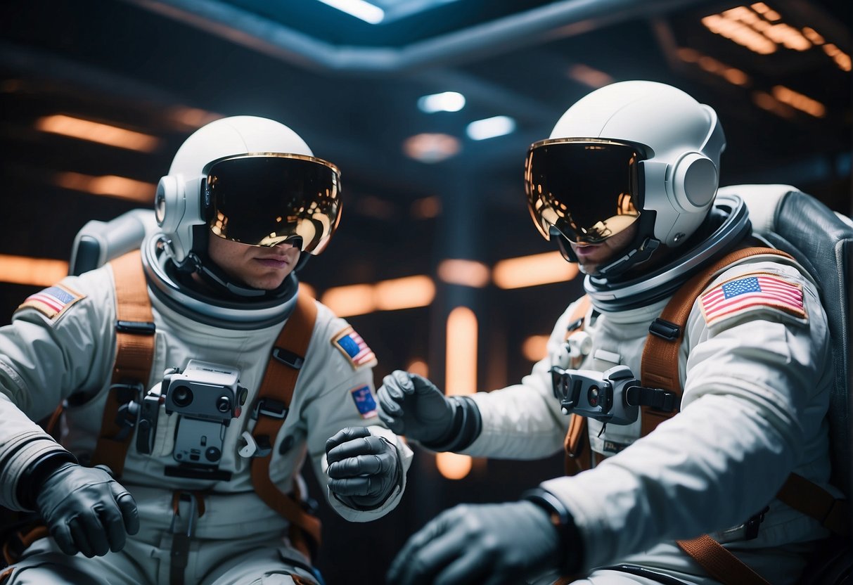 Astronauts train in VR simulators with advanced hardware and software, preparing for space exploration using sci-fi technology