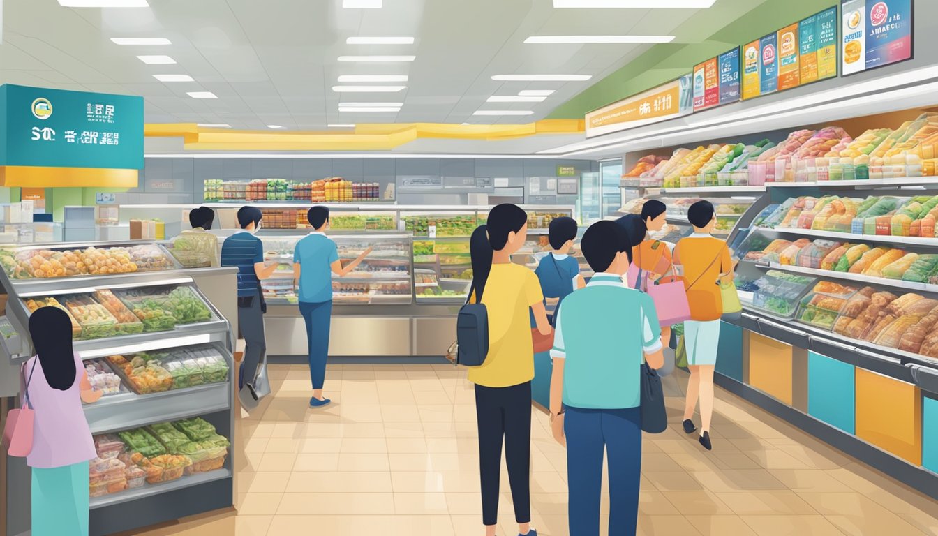 A bustling POSB branch within a Sheng Siong supermarket, with customers using various financial services and products