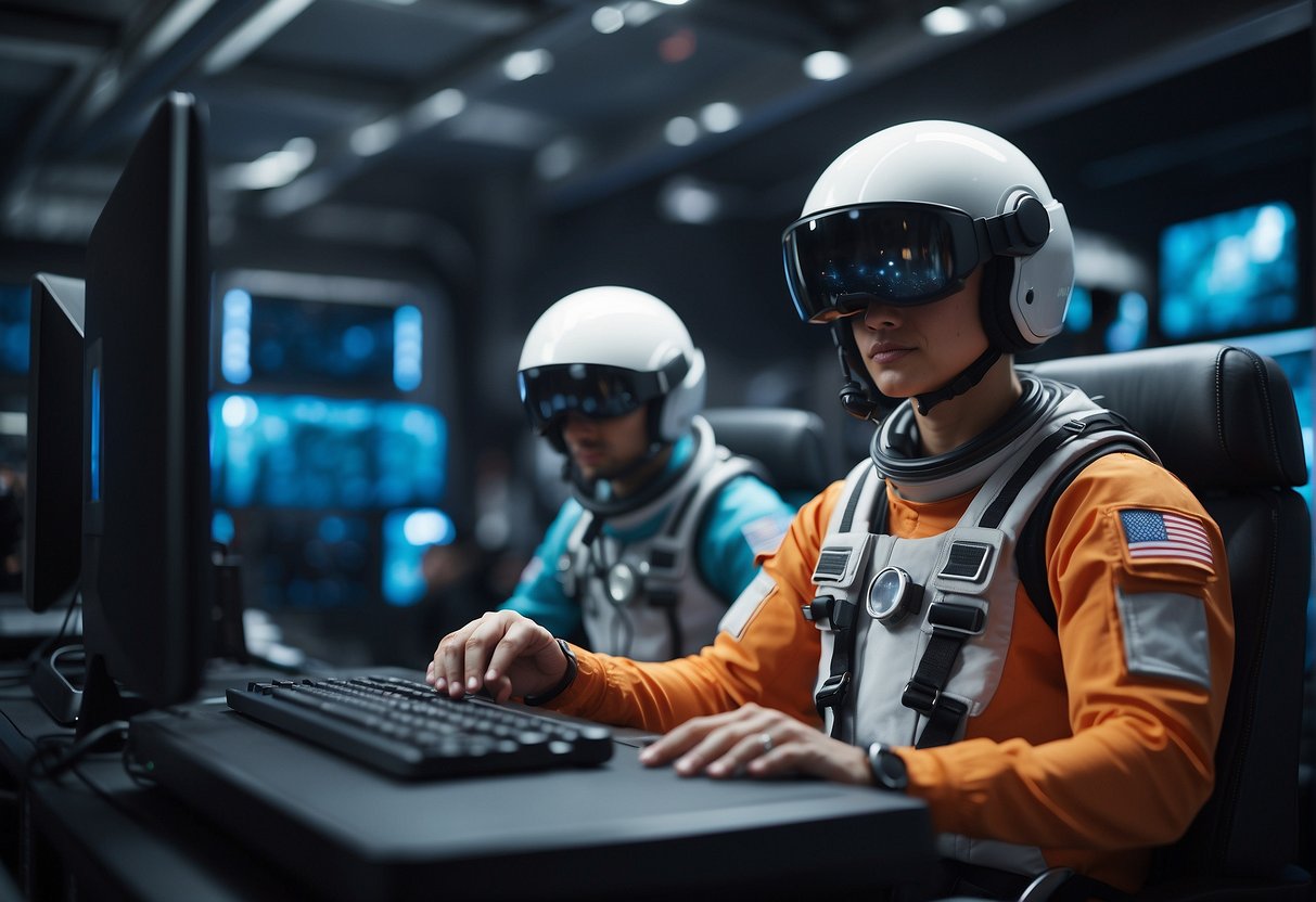 Astronauts in VR helmets train in a futuristic space simulation, surrounded by high-tech equipment and holographic displays