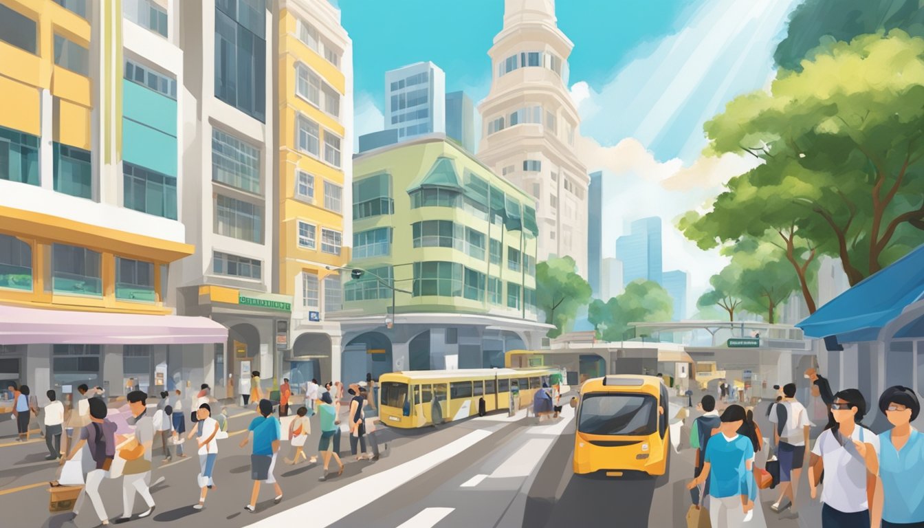 A bustling Singapore street with a prominent POSB bank branch, featuring a vibrant mix of locals and tourists on a sunny Sunday