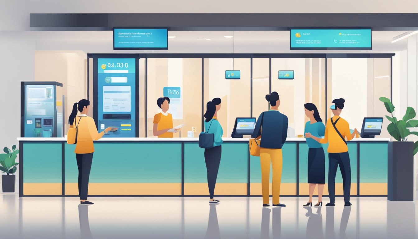 Customers queue at POSB Sunday Banking. Bright interior, friendly staff assist with transactions. Digital screens display banking info