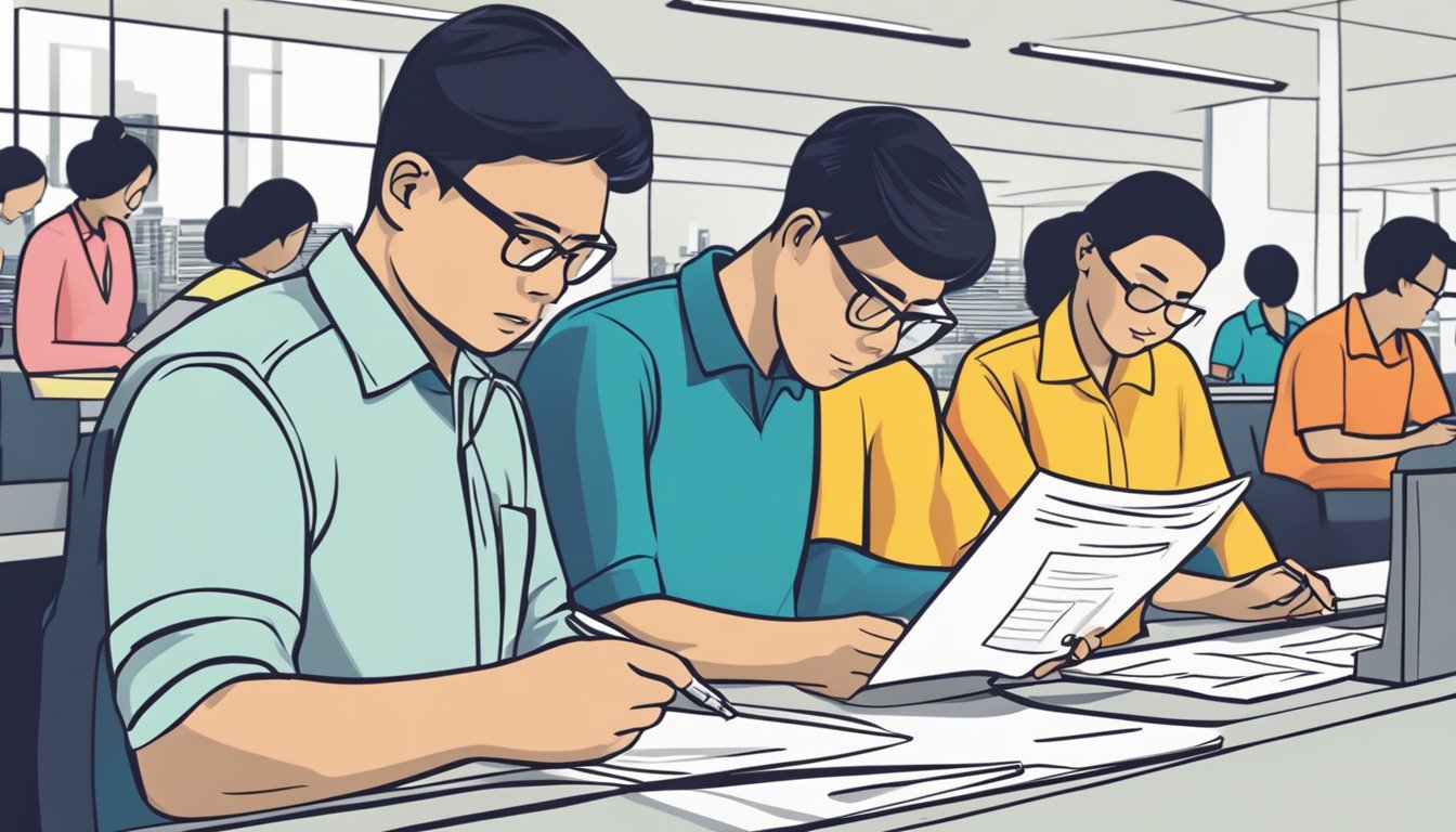 A customer fills out a POSB account application form at a Sunday banking branch in Singapore. The bank teller assists with the process