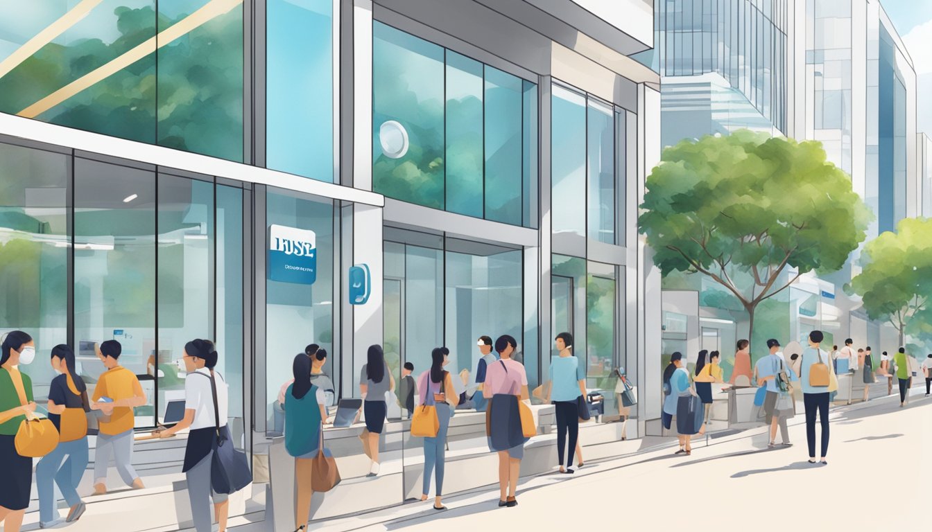 A bustling POSB branch in Singapore on a sunny Sunday, with customers using digital banking platforms