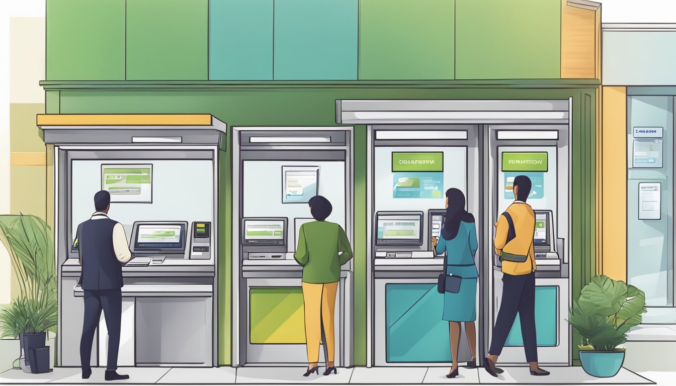 A bustling bank branch with customers using various services, from ATM withdrawals to account inquiries, while staff assist with transactions and provide information