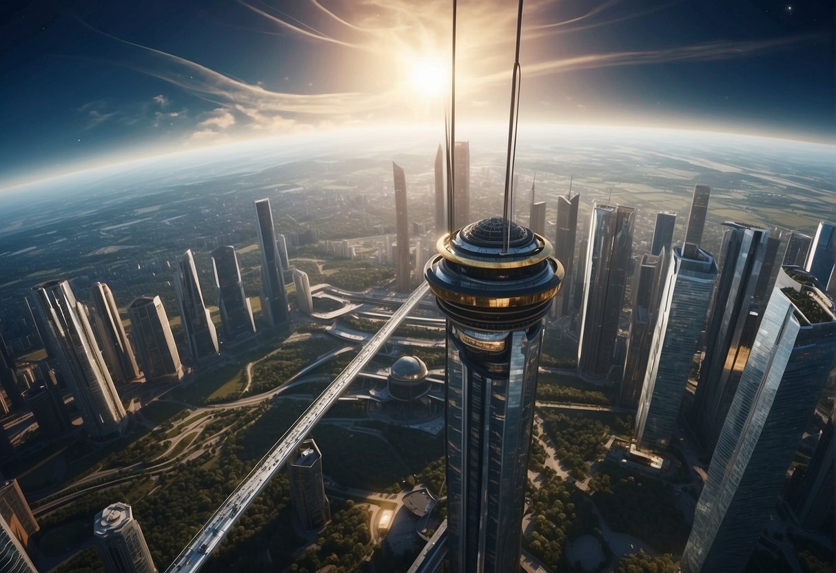 Space Elevators and Sci-Fi - A space elevator rises from Earth's surface, surrounded by futuristic skyscrapers and flying vehicles. The sky is filled with advanced technology and bustling activity
