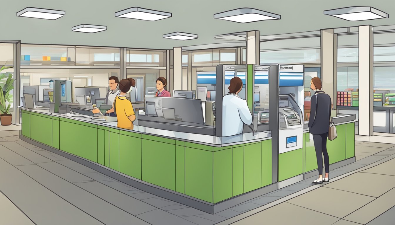 A bank branch with a "Frequently Asked Questions" display, customers using self-service machines, and staff assisting at the counter