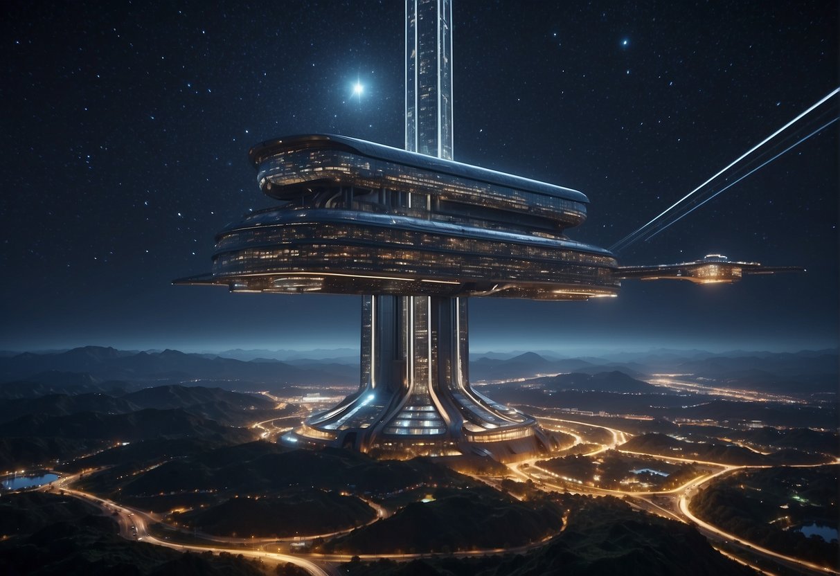 A towering space elevator stretches into the starry sky, connected to a bustling spaceport at its base. Ships come and go, while workers maintain the massive structure